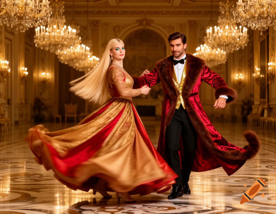 A photorealistic image of a couple dancing in a grand ballroom. The woman wears a flowing red and gold gown, and the man wears a red velvet fur-trimmed robe over a gold tuxedo.