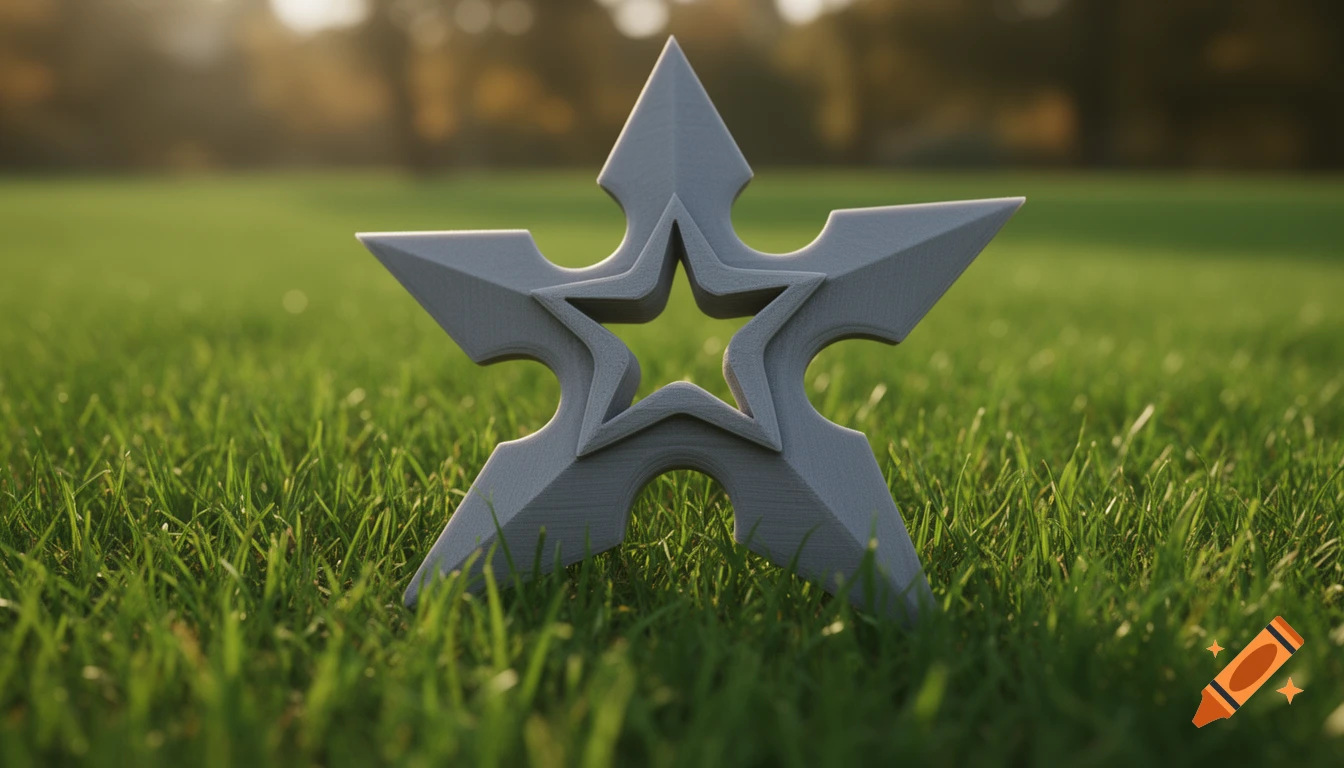 A gray 3D-printed shuriken with a star cutout rests in green grass under golden sunlight.