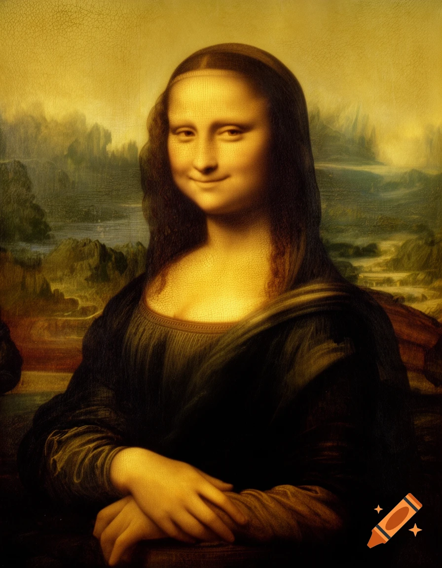 A classic portrait painting of the Mona Lisa, featuring a woman with a subtle smile, dark clothing, and a distant landscape.