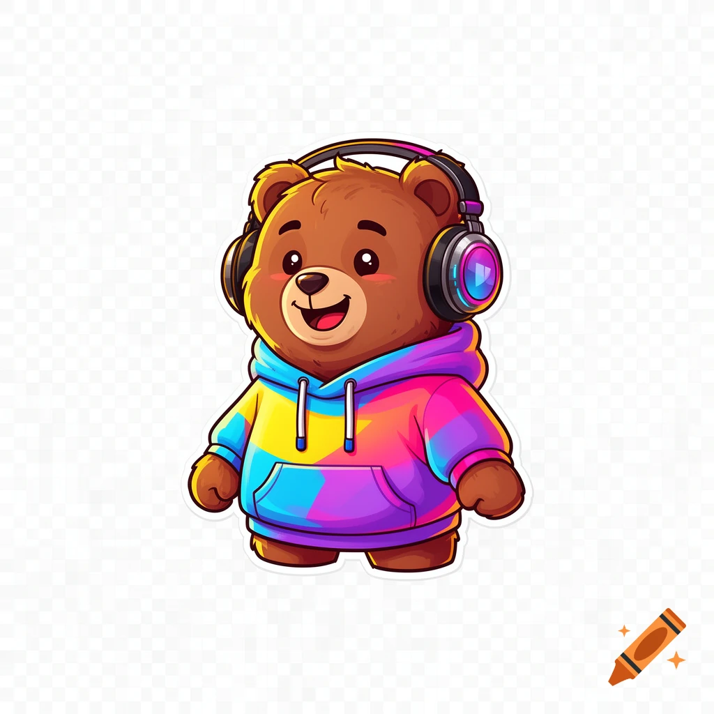 A cute cartoon bear wearing a vibrant, colorful hoodie and headphones, smiling happily on a transparent background.