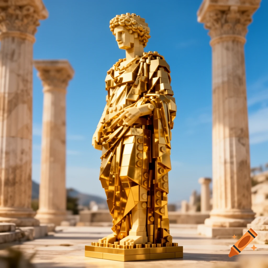 A gold Lego Greek-style statue stands amidst ancient stone columns under a clear blue sky.