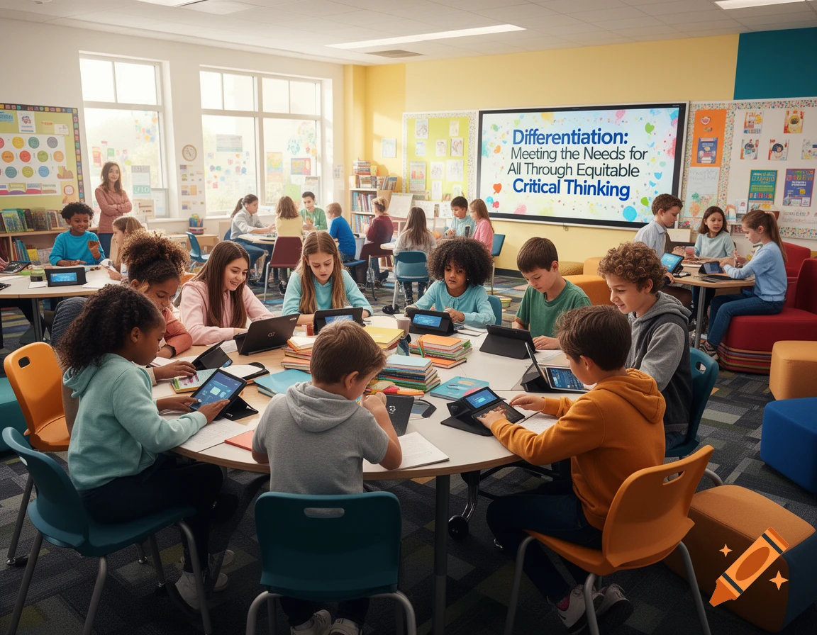 Children learn in a modern classroom, using tablets and laptops, while a large screen displays educational text.