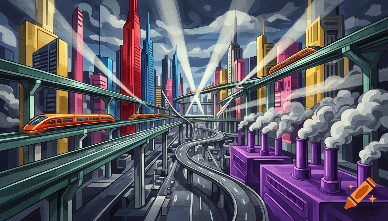 Cubist illustration of a colorful futuristic city with elevated monorails, winding roads, tall buildings, and factories emitting white smoke under dramatic spotlights.