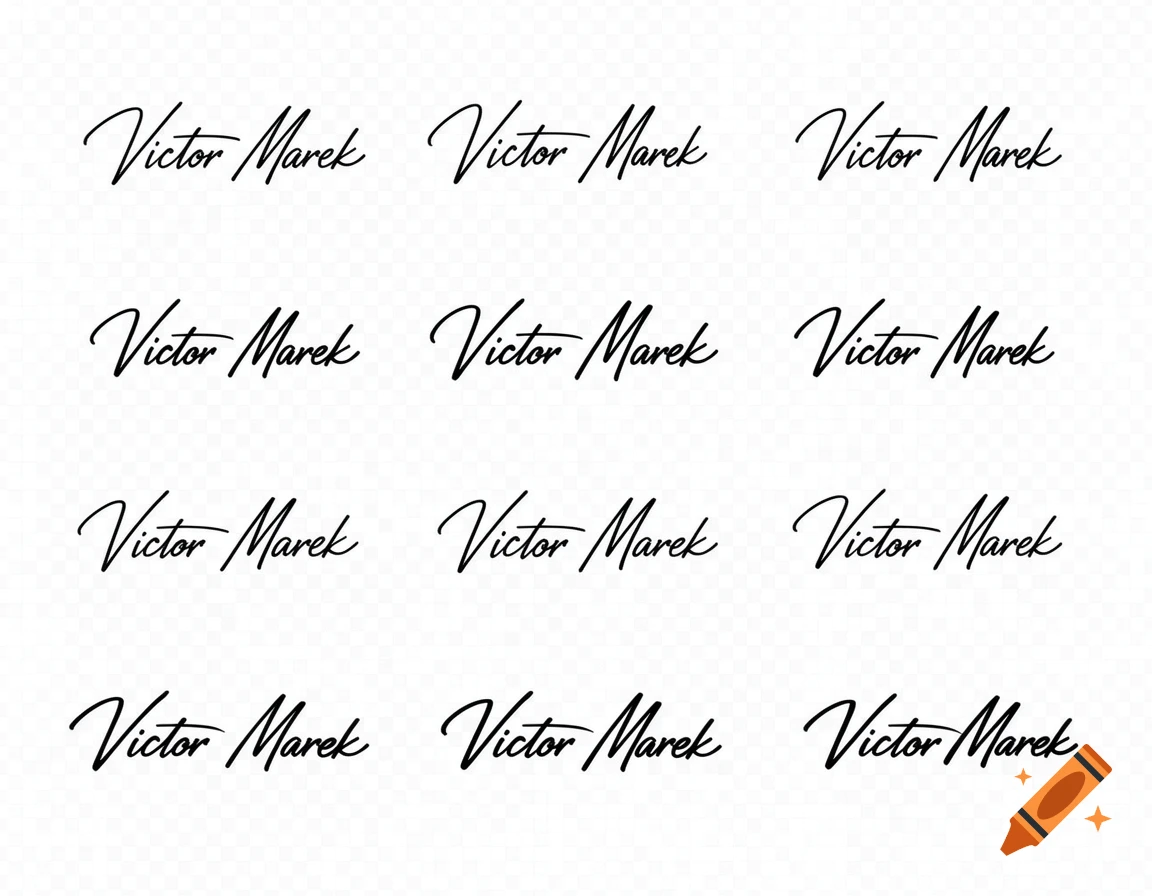 Twelve black ink handwritten signatures for 'Victor Marek' on a transparent background.