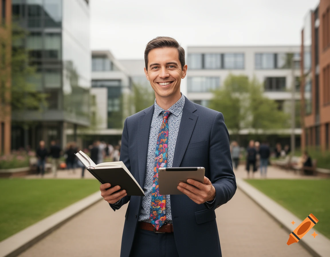 Smiling man in a suit holding a book and tablet on a path between modern buildings.