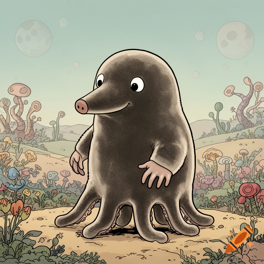 A cartoon mole-like alien octopus stands in a fantastical alien landscape, drawn in Tintin style.