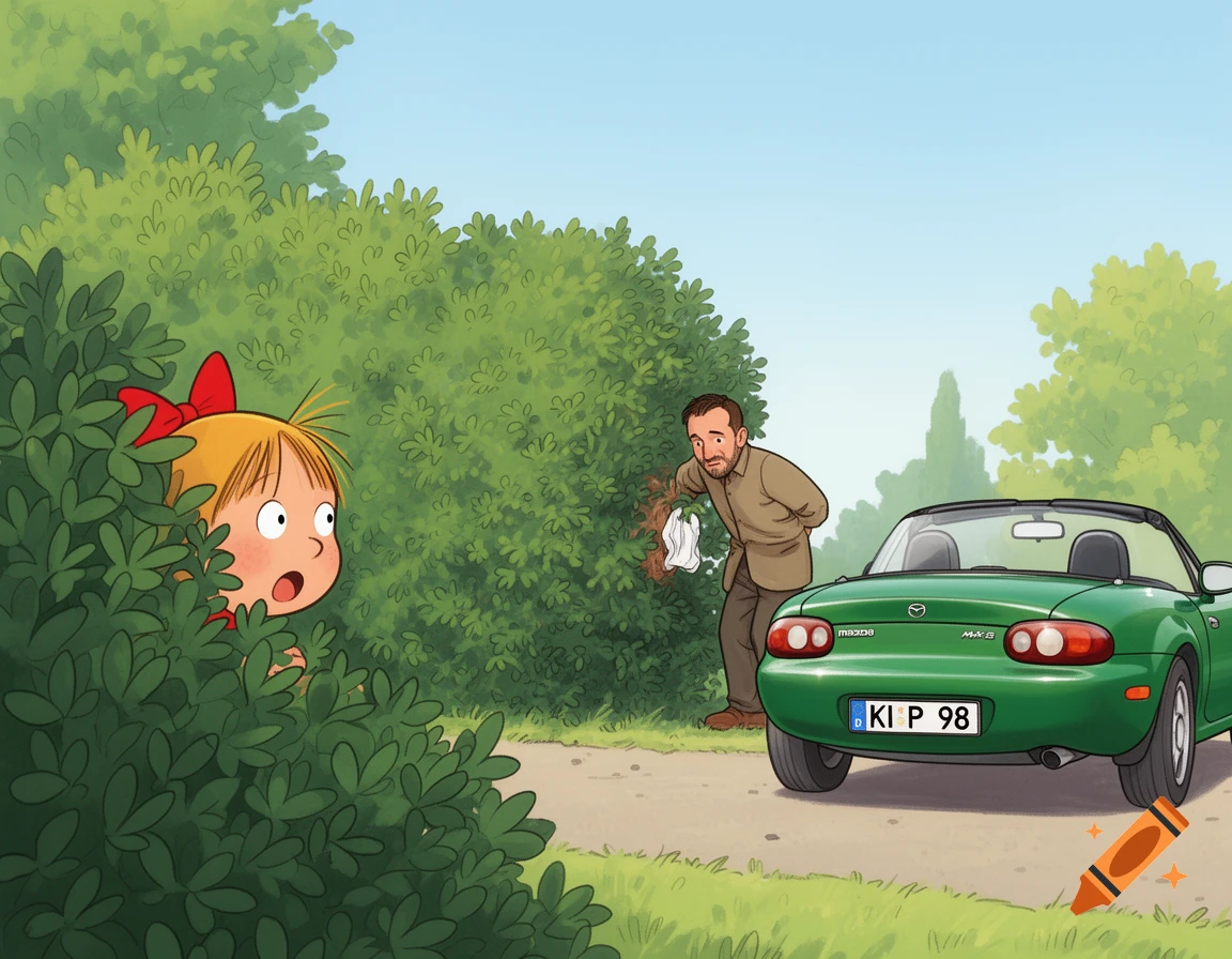 A cartoon girl peeks from a bush, surprised to see a man peeing into another bush next to a green Mazda convertible.