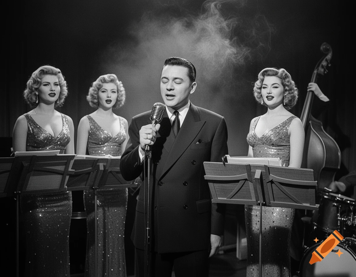 A black and white image of a male crooner singing into a microphone, flanked by two female backing singers in sparkling dresses on a stage with musicians.