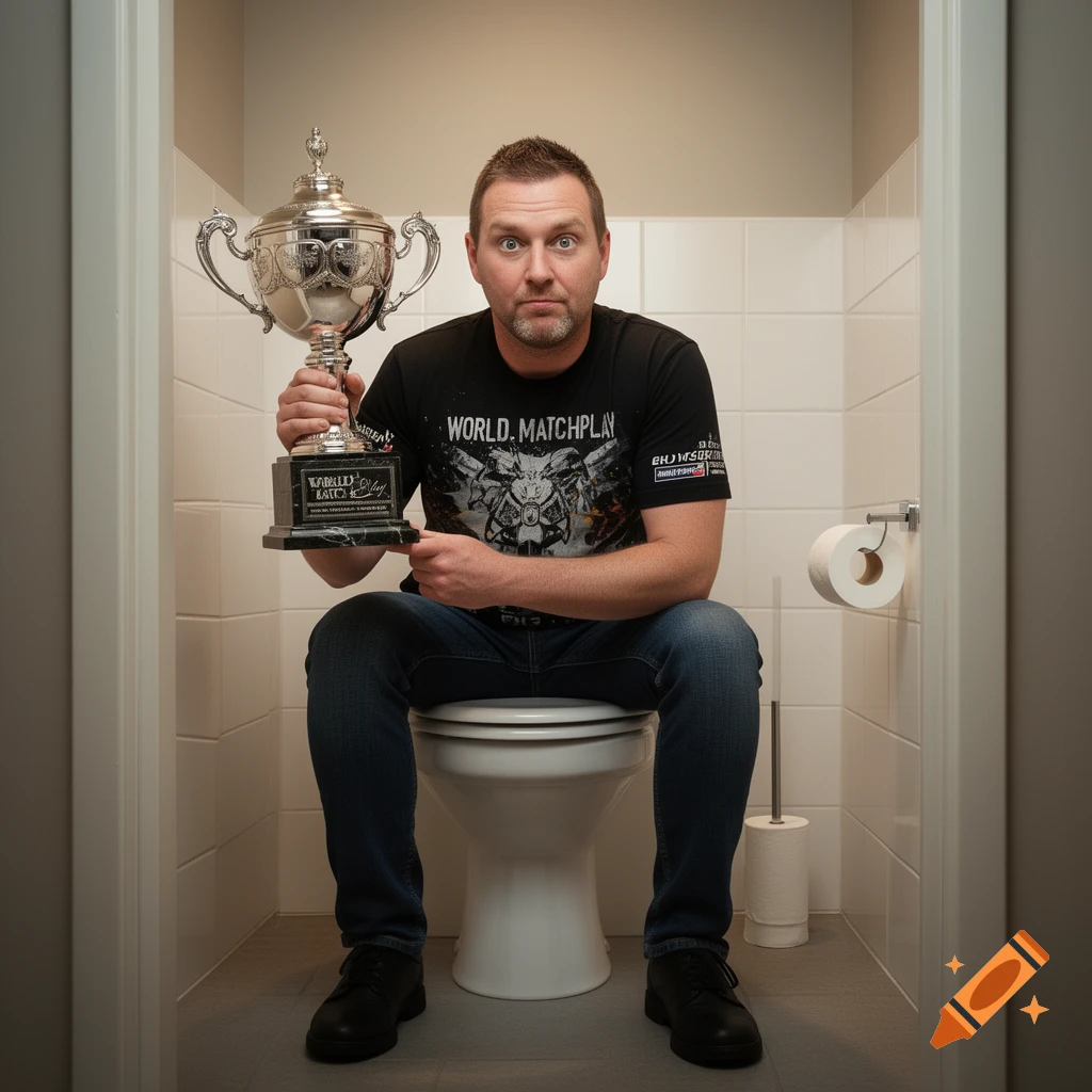 A man with a surprised expression sits fully clothed on a toilet in a bathroom, holding a large silver trophy.