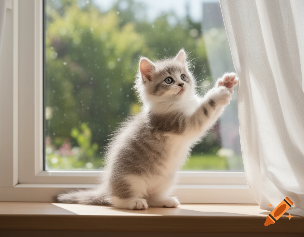 A fluffy gray and white kitten stands on a windowsill, reaching up to play with a white curtain by a window.