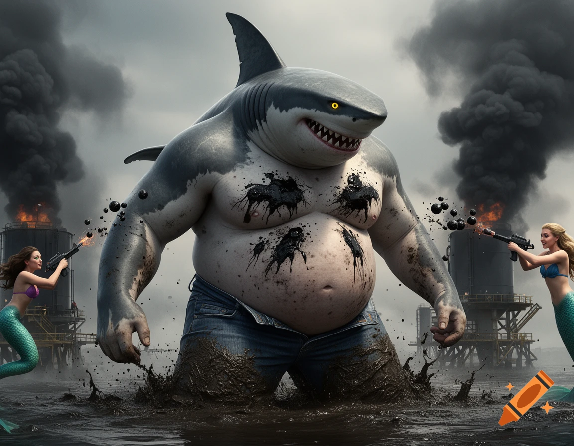 A muscular, fat humanoid shark in unzipped jeans stands in oily water, with mermaids on either side shooting tar bubbles from guns at him amidst a burning oil rig.