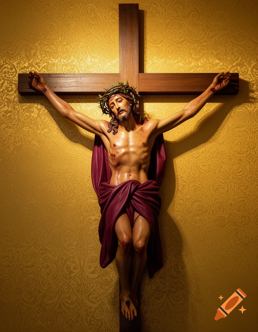 Lifelike sculpture of Jesus Christ on a wooden cross, against a richly textured gold background.