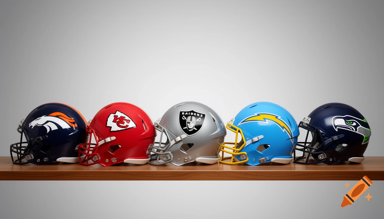 Five NFL helmets for the Broncos, Chiefs, Raiders, Chargers, and Seahawks lined up on a wooden shelf.