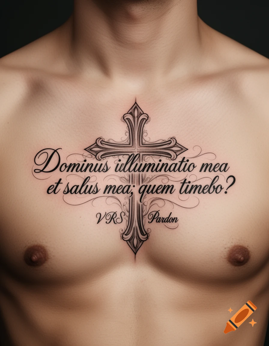 Photorealistic image of a man's bare chest with a detailed tattoo featuring an ornate Christian cross and Latin text.