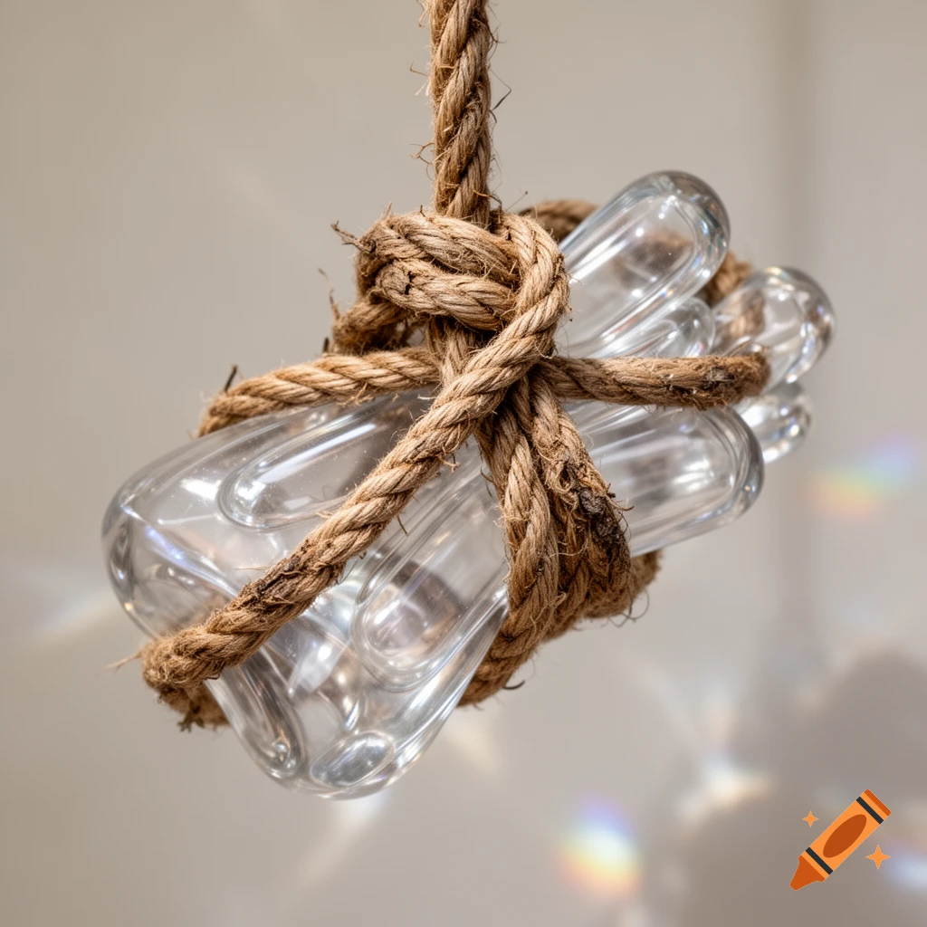 Close-up of a thick brown rope tied securely around a bundle of clear, transparent glass objects, reflecting light.