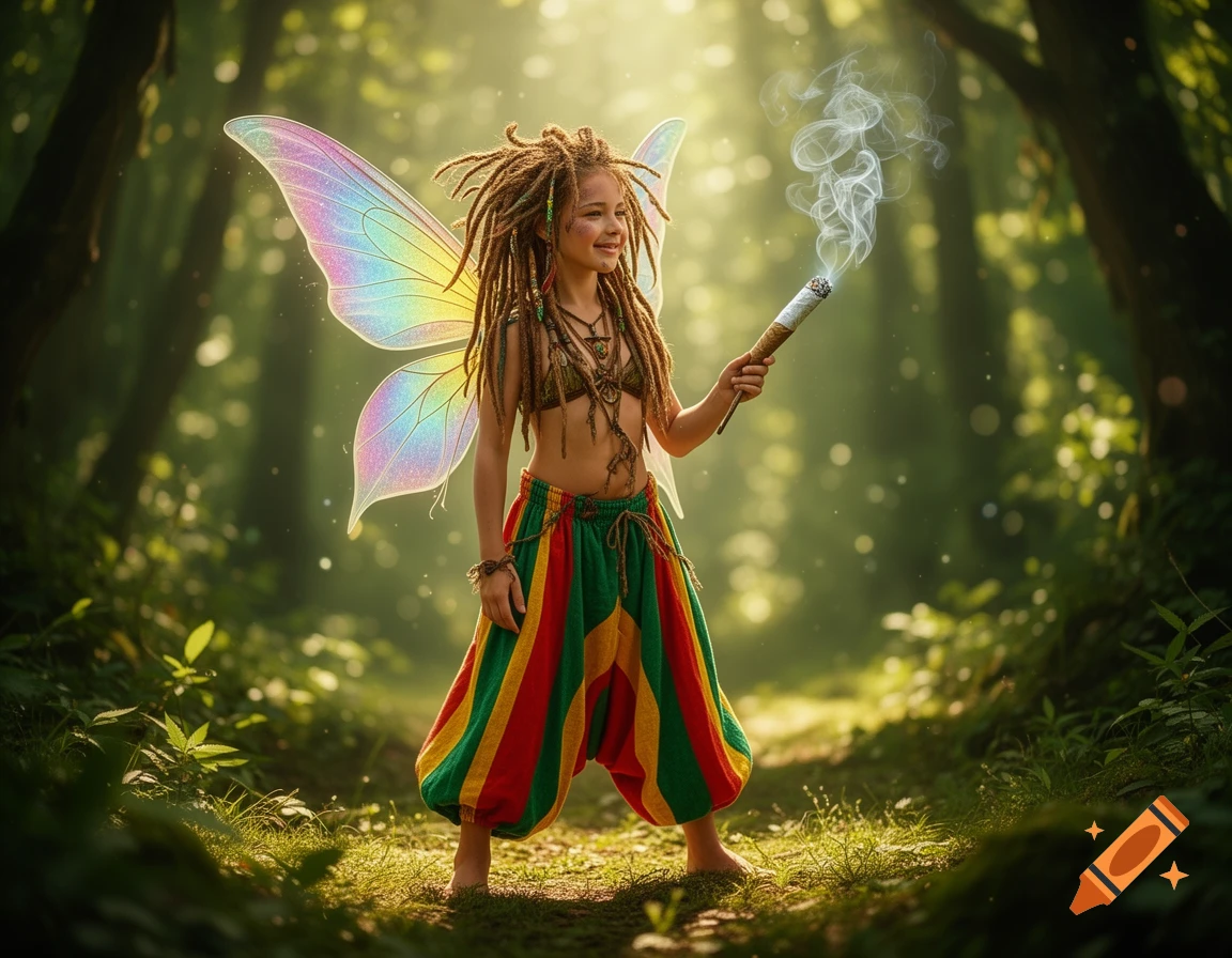 A child-like fairy with dreadlocks and rainbow wings stands in a sunlit forest, holding a smoking joint.