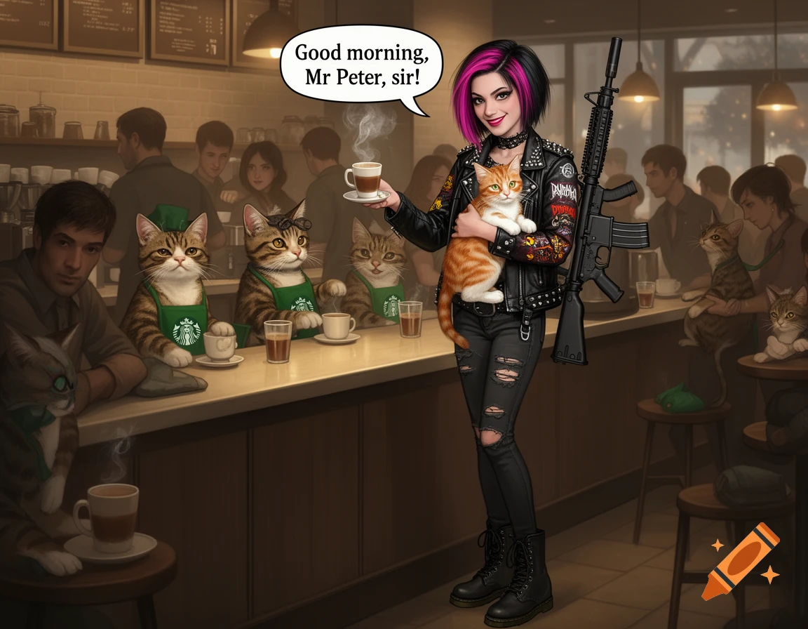 A punk rock woman holds a kitten and an AR-15 rifle in a Starbucks cafe where cats are baristas, with a speech bubble saying "Good morning, Mr Peter, sir!"
