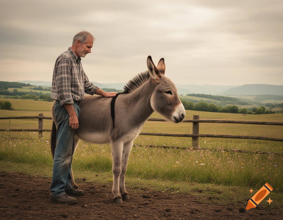 A man gently pets a donkey in a grassy field with rolling hills under a cloudy sky, photorealistic.