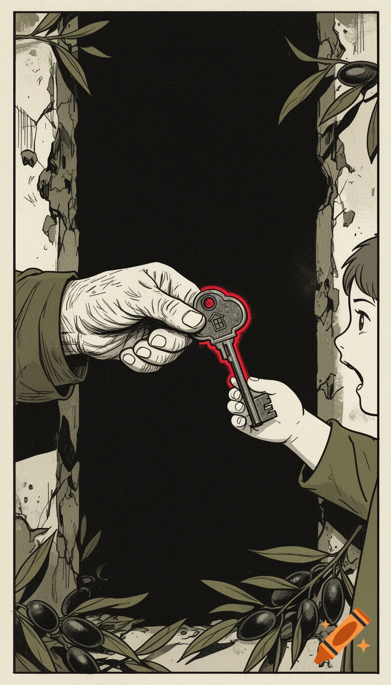 A graphic novel illustration of a weathered adult hand passing a house key with a red glow to a child's hand, framed by a ruined wall and olive branches.