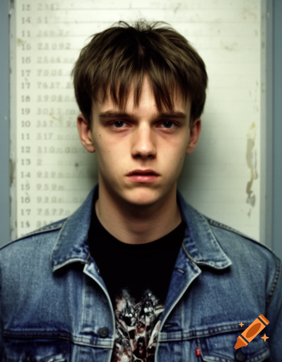 A photorealistic close-up of a serious young man with short brown hair, wearing a black t-shirt and a blue denim jacket, against a light wall with blurry numbers.
