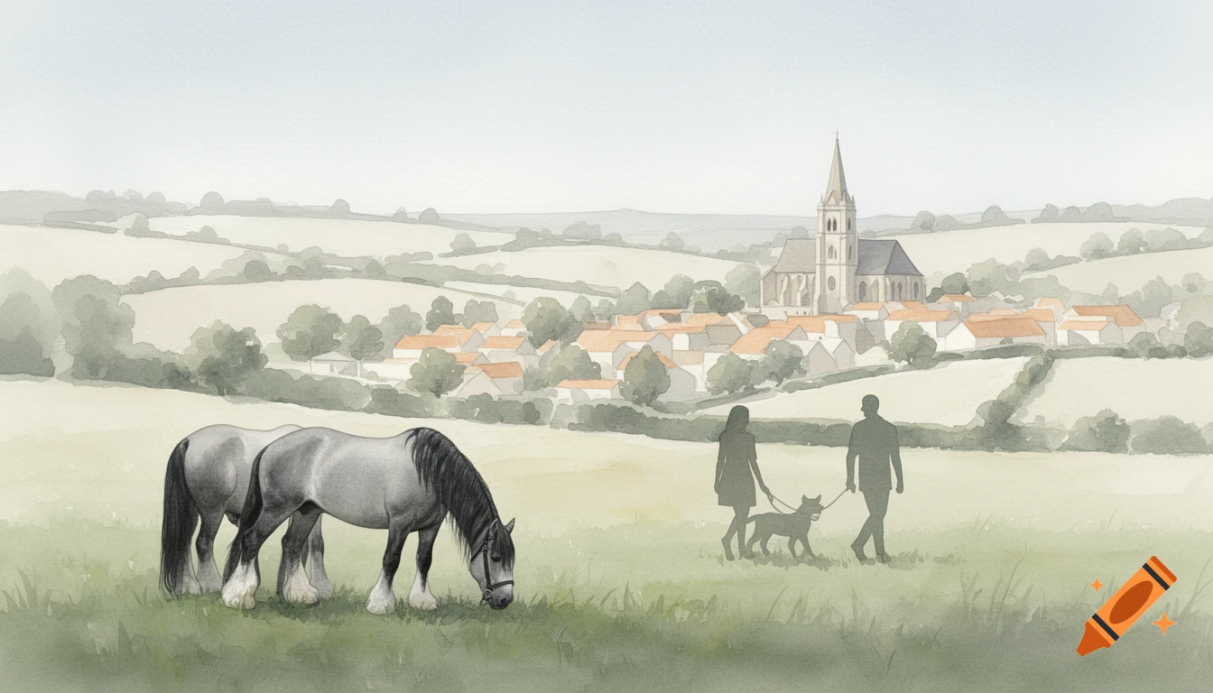 Watercolor illustration of a French countryside scene with two grey horses grazing in a field, a couple walking a dog, and a village with a church in the background.