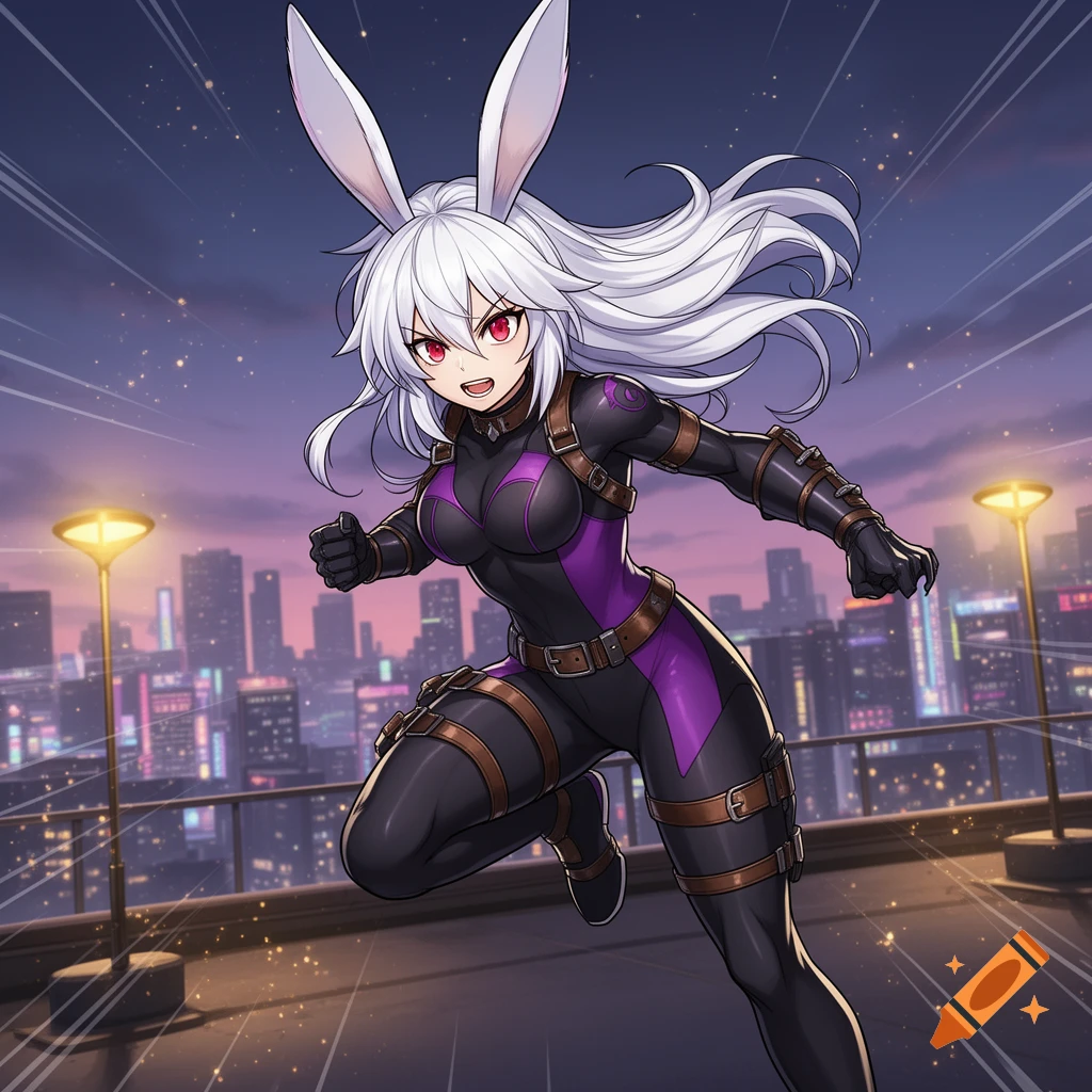 Anime bunny girl hero with white hair and a black and purple suit, leaping over a nighttime cityscape.
