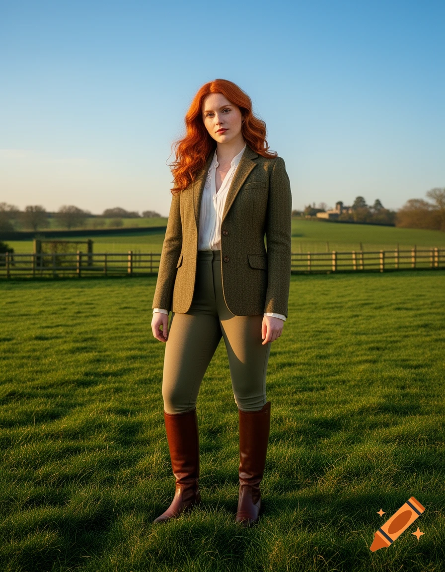 Red-haired woman in tweed jacket and riding boots stands in a sunny green field.
