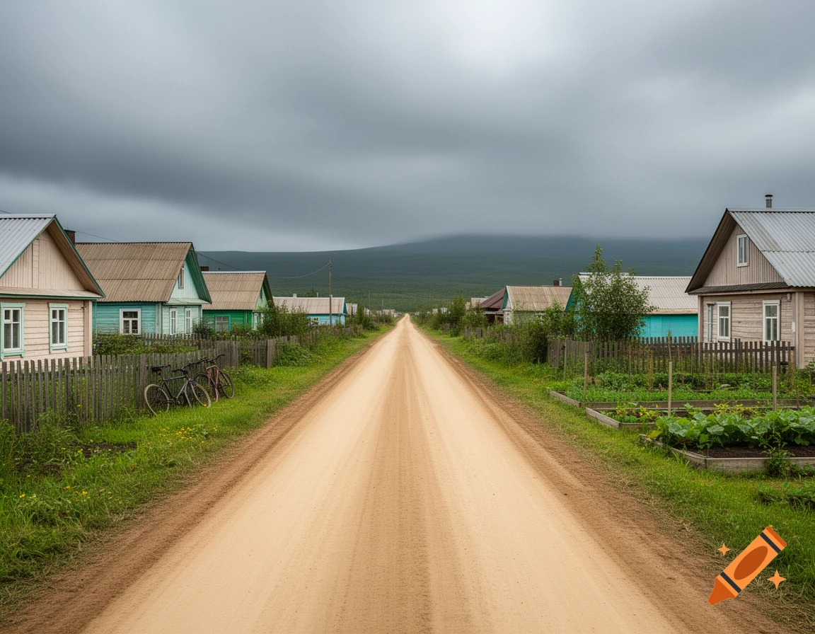 A photorealistic dirt road leads through a village with wooden houses, fences, and gardens under a cloudy sky.