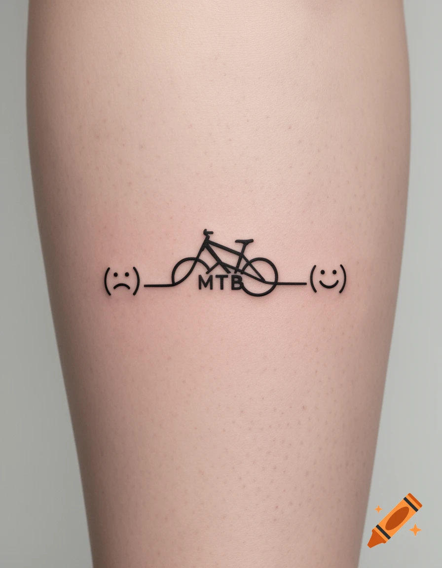 Minimalist black line tattoo on a leg depicting a sad emoticon, a mountain bike, and a happy emoticon.