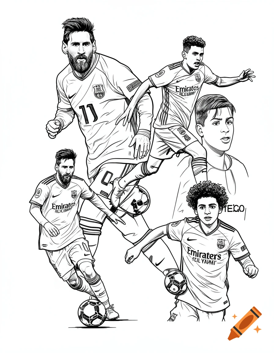 A black and white coloring page style collage featuring football players Lionel Messi and Lamine Yamal in various action poses and close-ups, with thick black outlines on a pure white background.