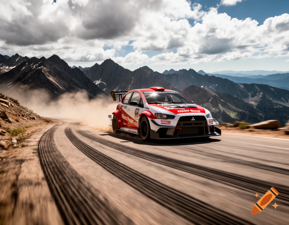 A red and white rally car speeds on a winding mountain road, kicking up dust, with snow-capped peaks under a cloudy sky.