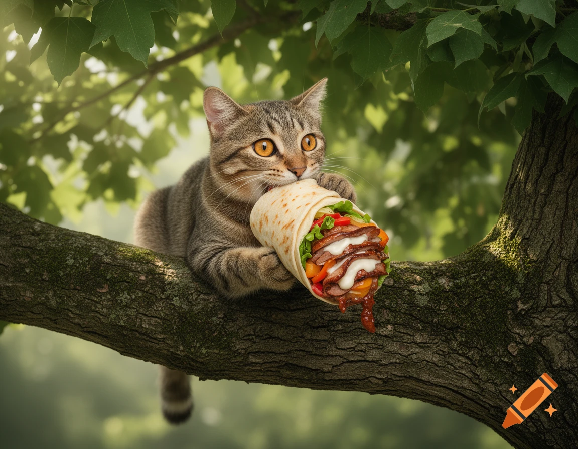 A photorealistic tabby cat perches on a tree branch, intently eating a large, juicy doner kebab or burrito with dripping sauce.