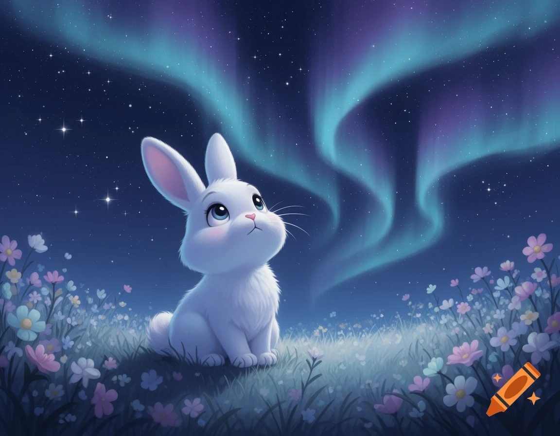 A cute white cartoon bunny sits in a field of colorful flowers, looking up at a starry night sky with a vibrant blue and purple aurora borealis.