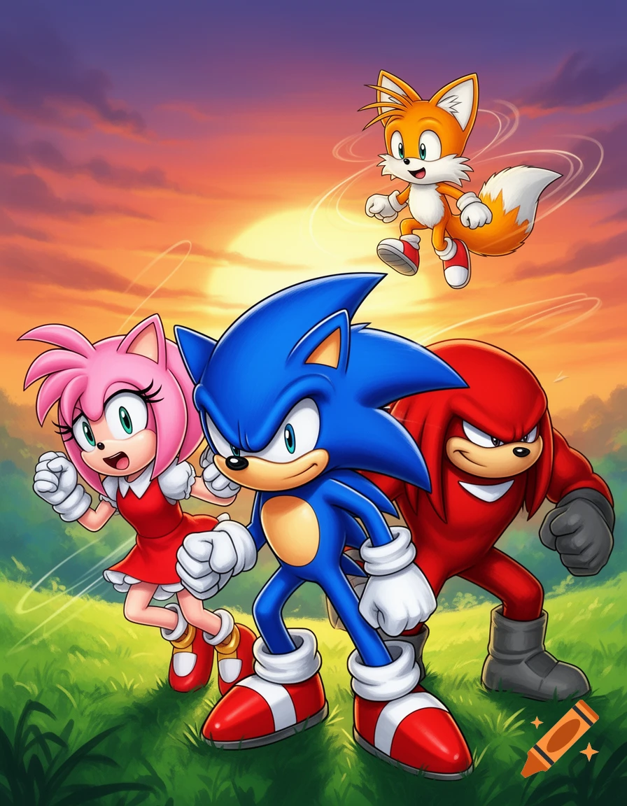 Sonic, Amy, Knuckles, and Tails pose heroically in a vibrant cartoon illustration with a sunset over a grassy field.