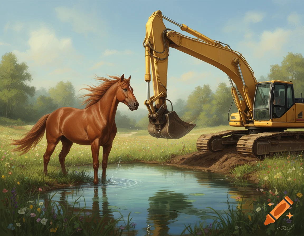A brown horse stands in a pond in a wildflower meadow, facing a large yellow excavator on a dirt mound nearby, under a blue sky.