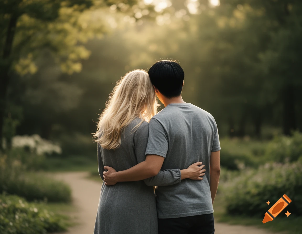 A blonde woman and a man with black hair embrace from behind, walking on a path in a sunlit park.