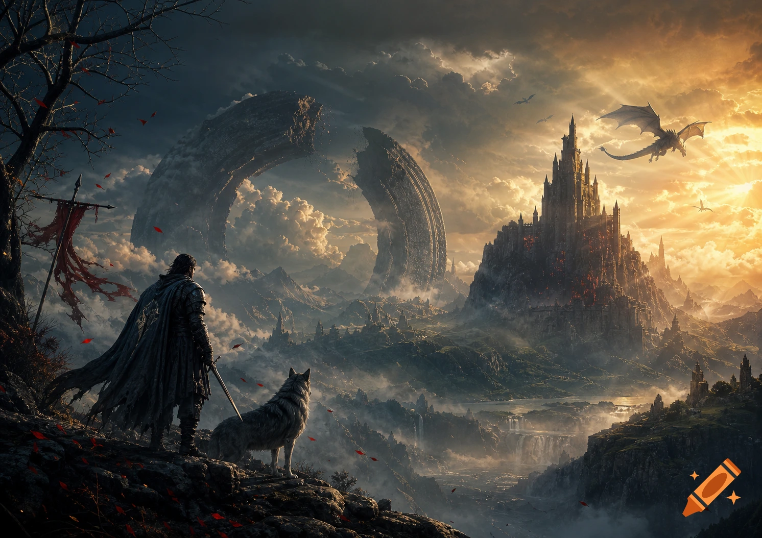 Warrior and wolf gaze at an epic fantasy landscape with a castle, dragons, and ancient ring structure under a dramatic sunset.