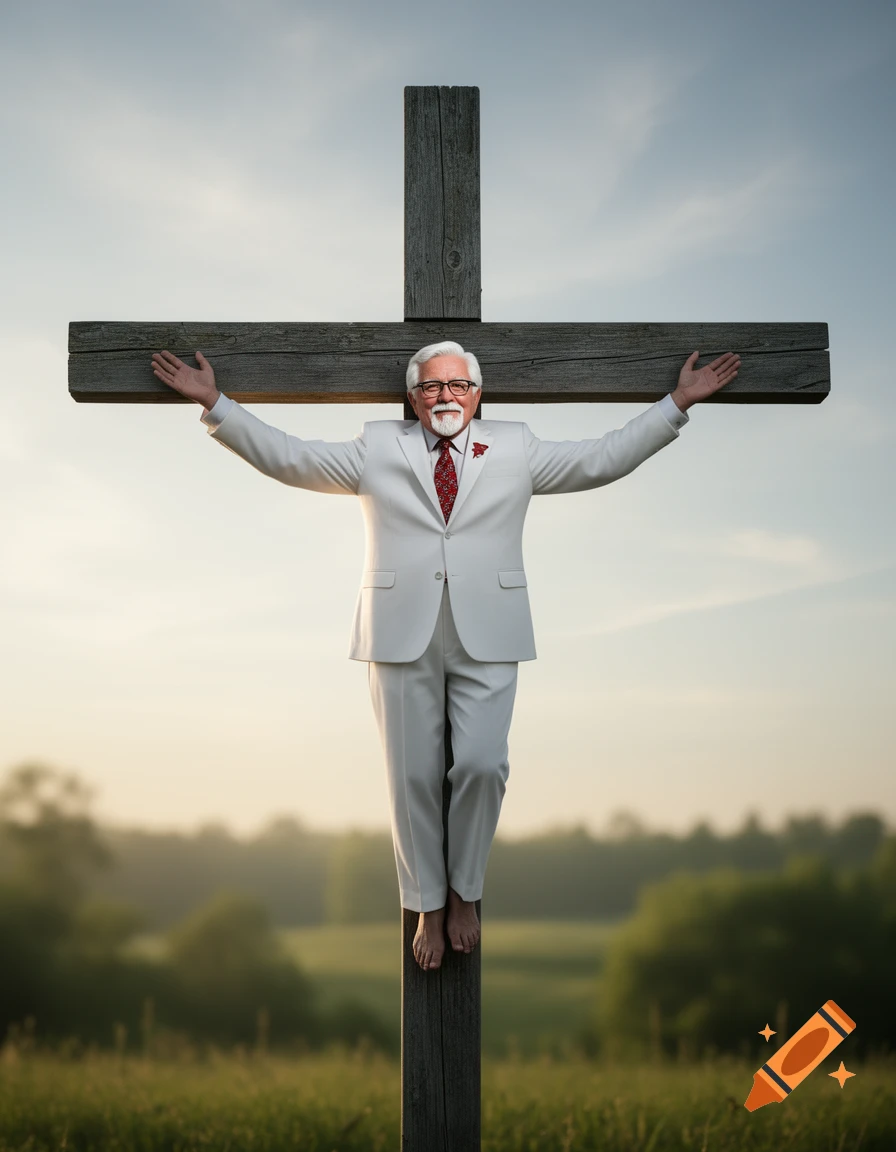 Colonel Sanders, wearing his white suit, crucified on a wooden cross in a field under a hazy sky, photorealistic.