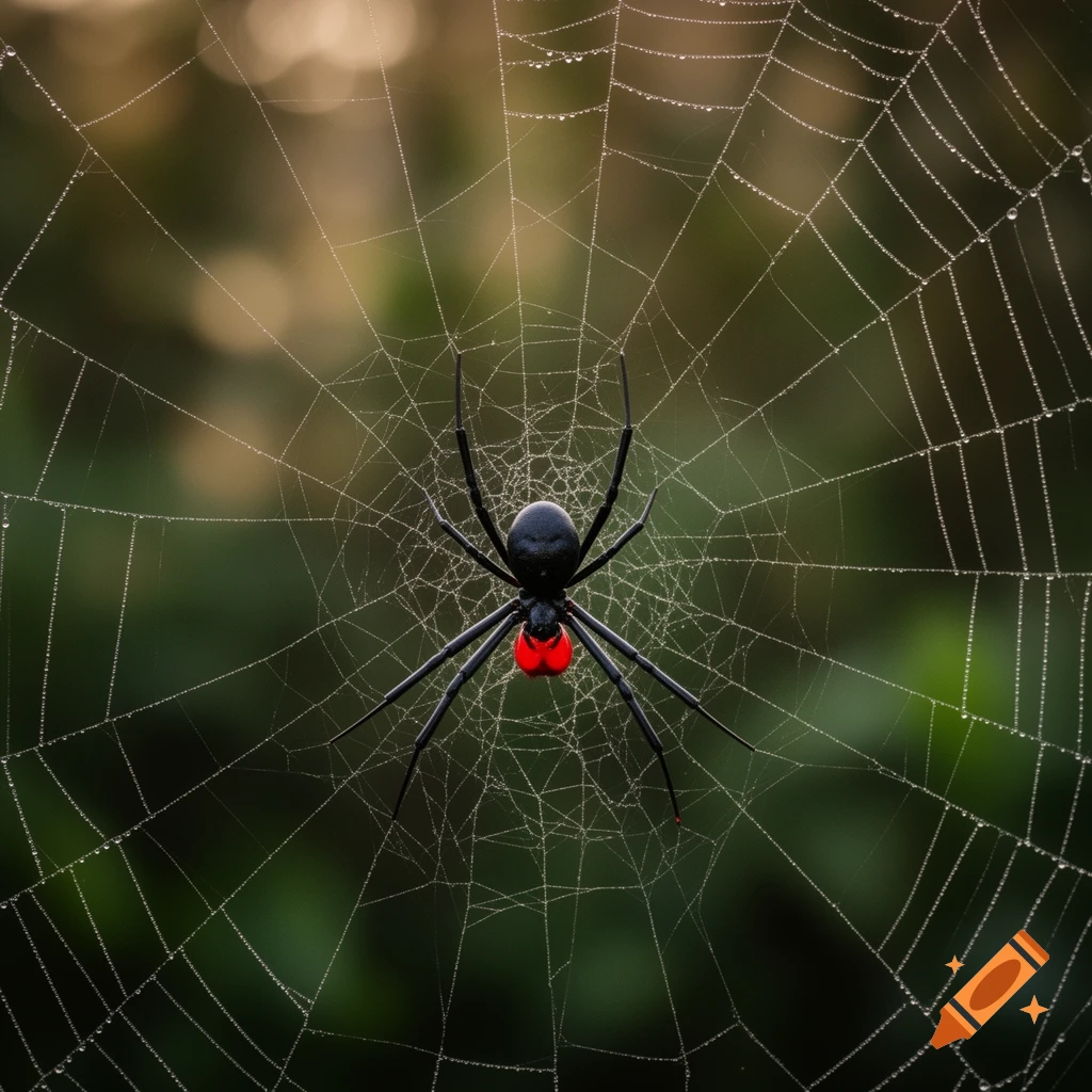 A black spider with a red marking on its abdomen is centered on a dew-covered spiderweb, with a blurred natural background.