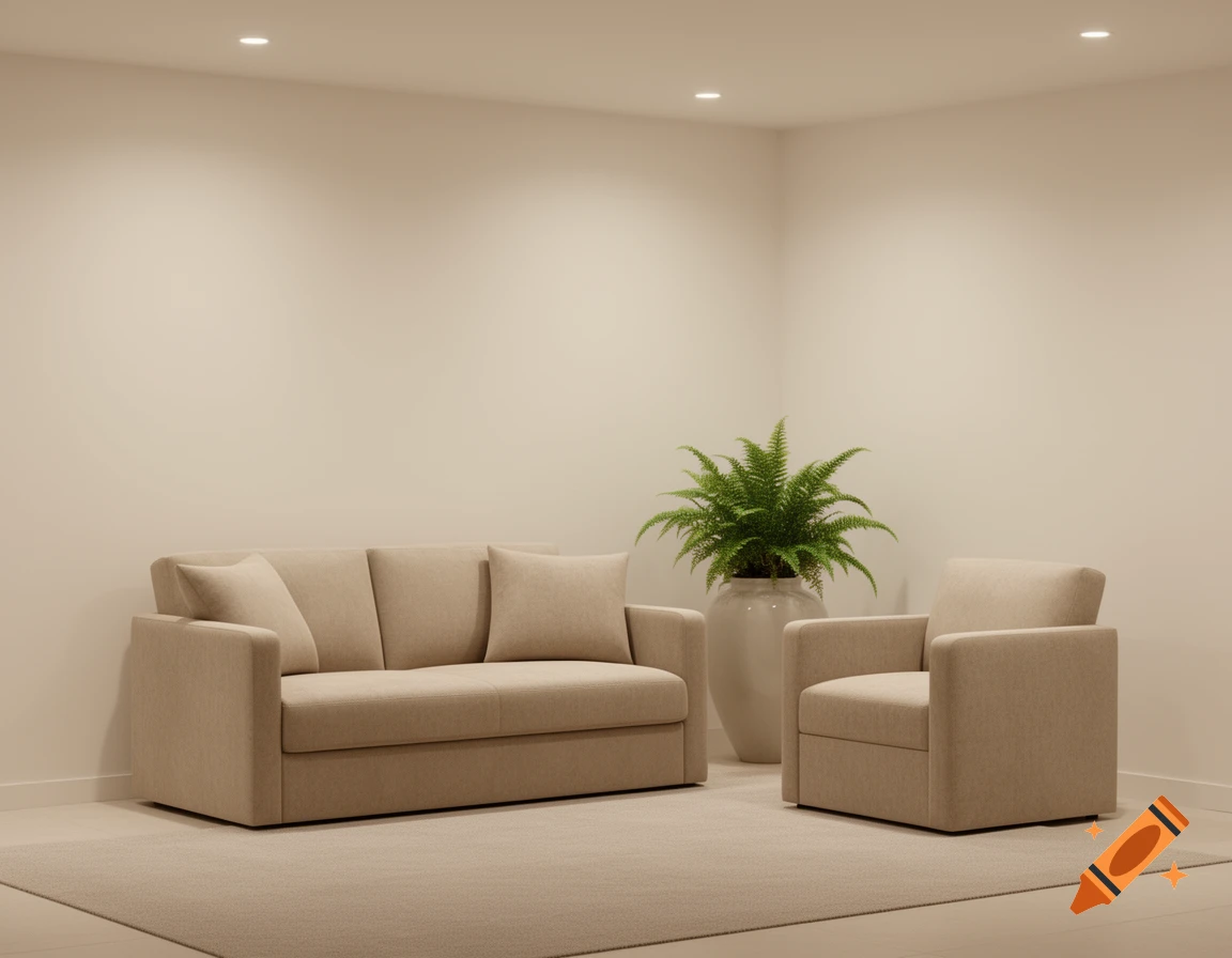 A minimalist room with a beige sofa, matching armchair, and a potted fern under warm recessed lighting.