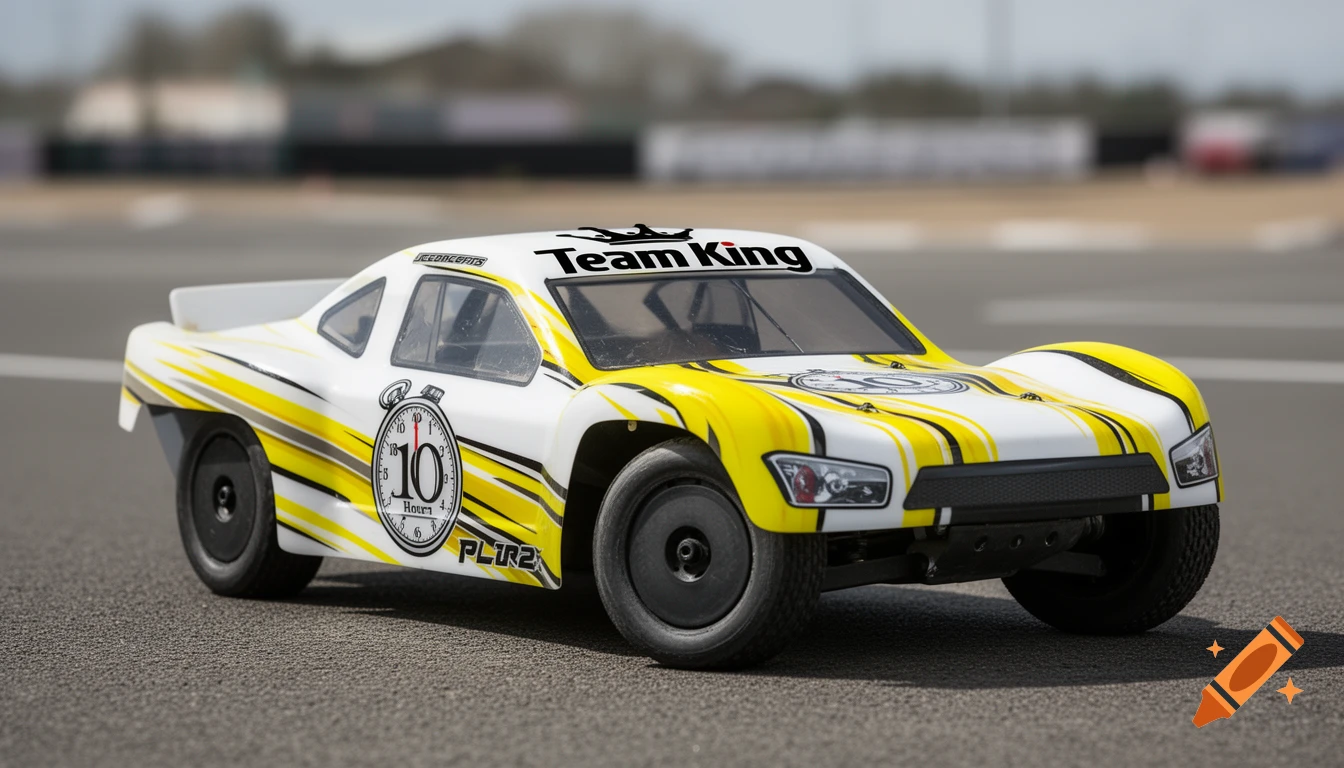 A white and yellow remote control race car with "Team King" and a stopwatch logo on its side, parked on a paved track.