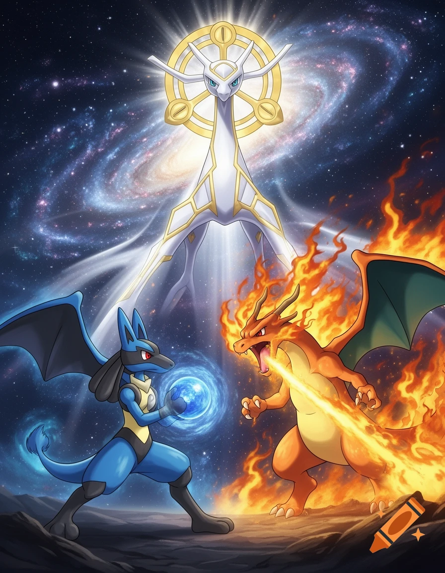 Lucario and Charizard battle Arceus in space, with Lucario holding a blue orb and Charizard breathing fire.