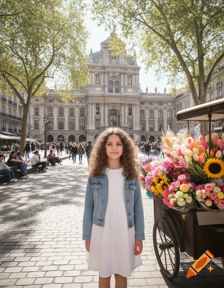 A young girl with curly hair in a white dress and denim jacket stands on a cobblestone street next to a colorful flower cart, with a grand building in the background.