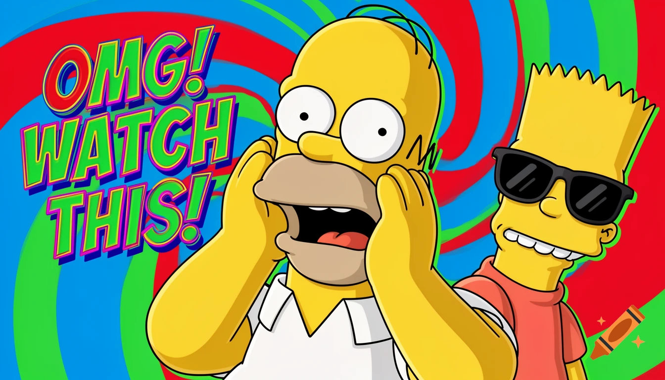 Homer Simpson looks shocked with hands on his face next to Bart Simpson wearing sunglasses, with 'OMG! WATCH THIS!' text on a colorful swirl background.