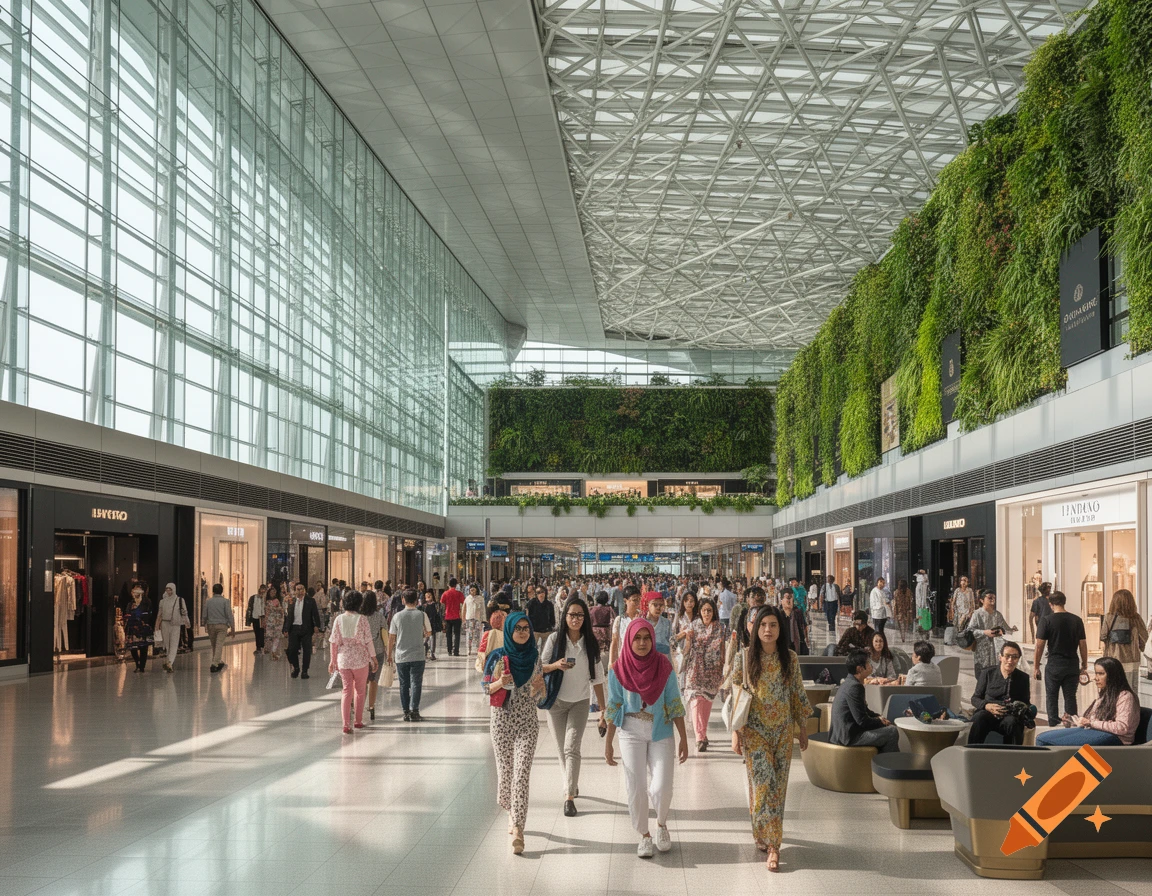 A bustling modern airport terminal features a tall glass wall, diverse people walking and sitting, and a large green living wall with store signs.
