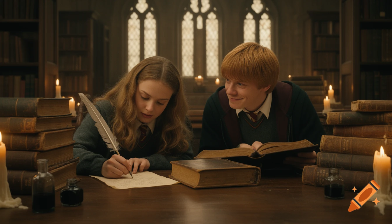 Hermione Granger writes with a quill on parchment at a wooden table in a Hogwarts library, while Ron Weasley glances at her notes from his book.