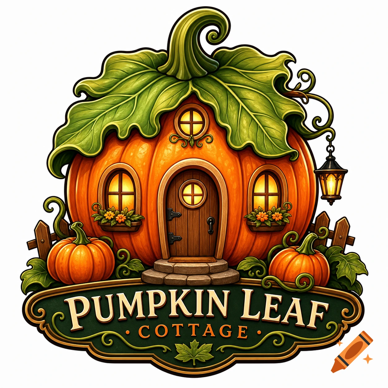 A whimsical logo featuring an orange pumpkin house with a green leaf roof, a wooden sign reads 'PUMPKIN LEAF COTTAGE', and two small pumpkins.