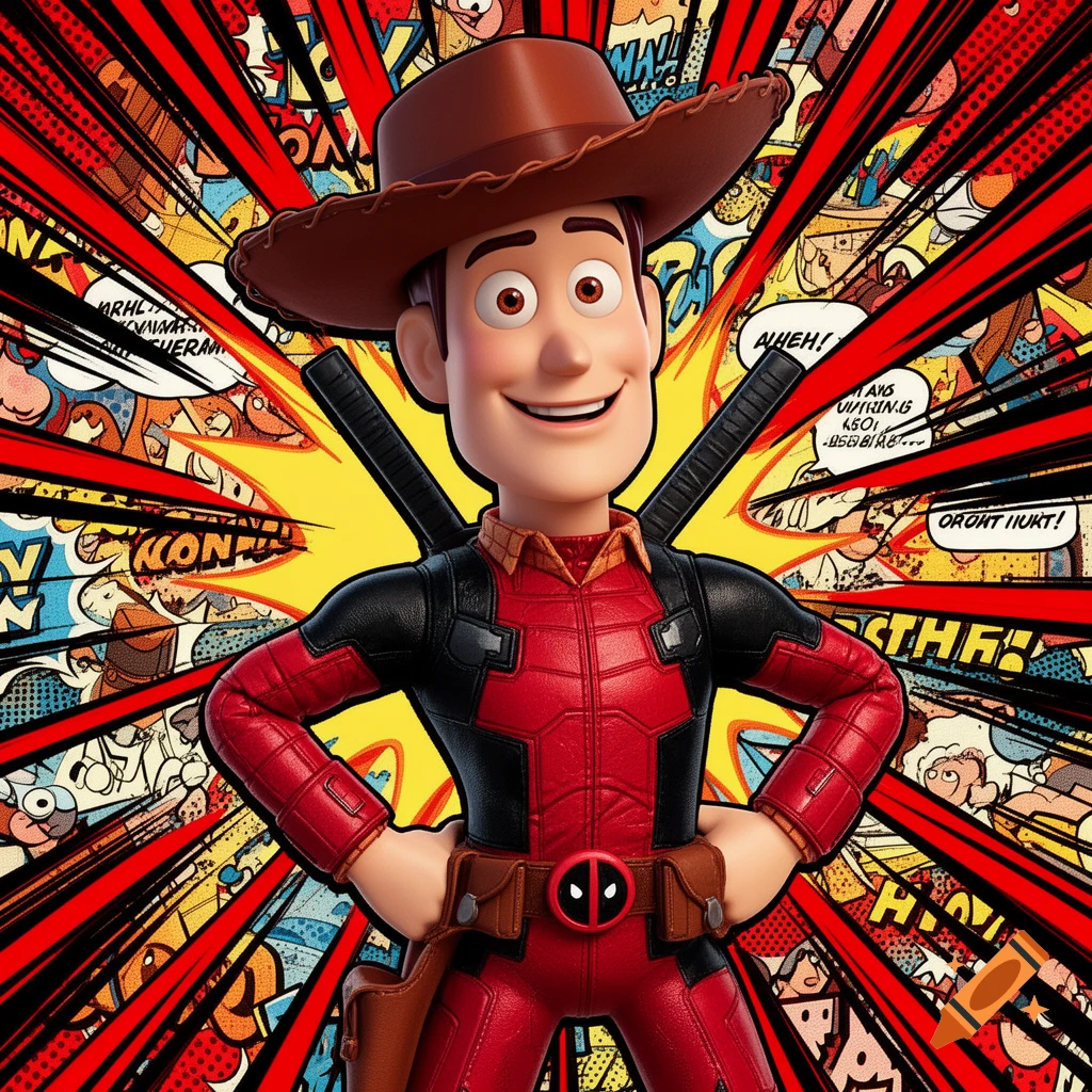 Woody from Toy Story dressed in a Deadpool costume with his cowboy hat, smiling against a vibrant comic book pop art background.