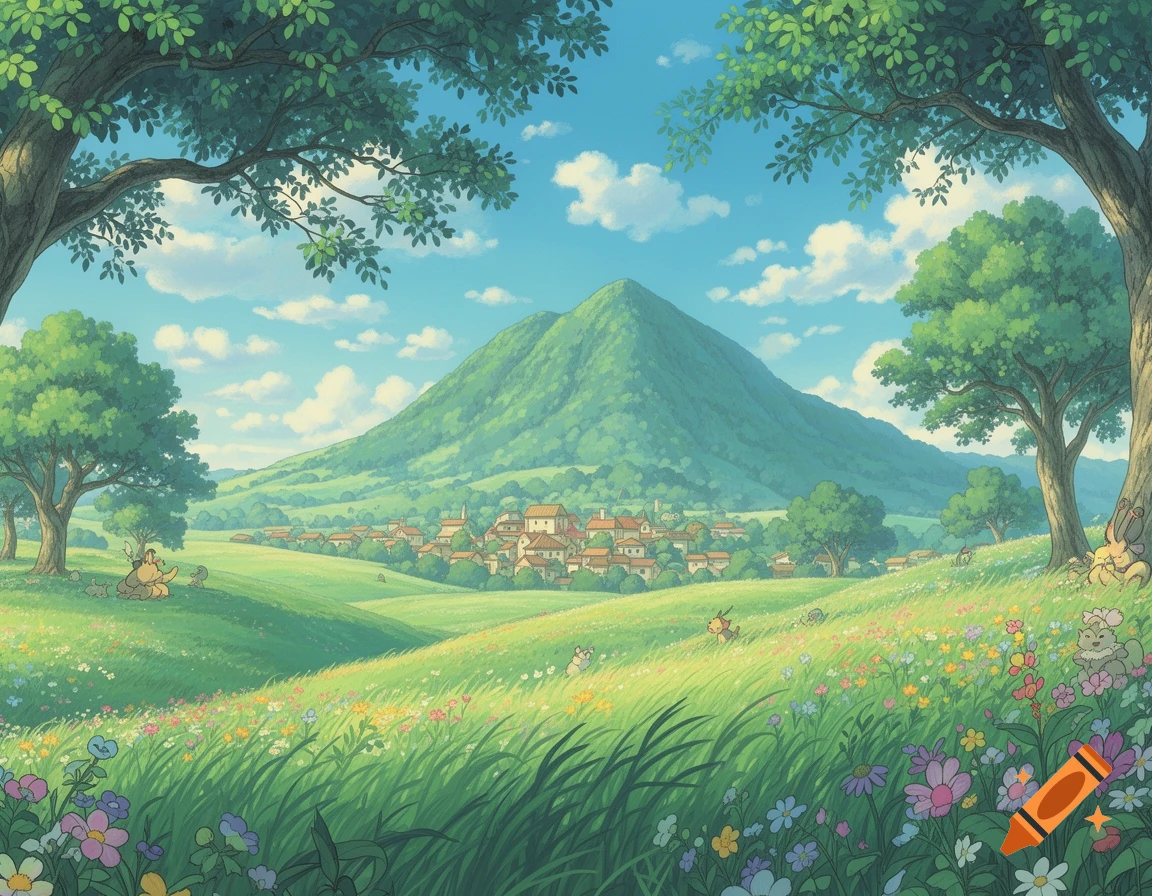 A vibrant Ghibli-style landscape with a village nestled in green hills, a large mountain, and flowering fields under a blue sky.