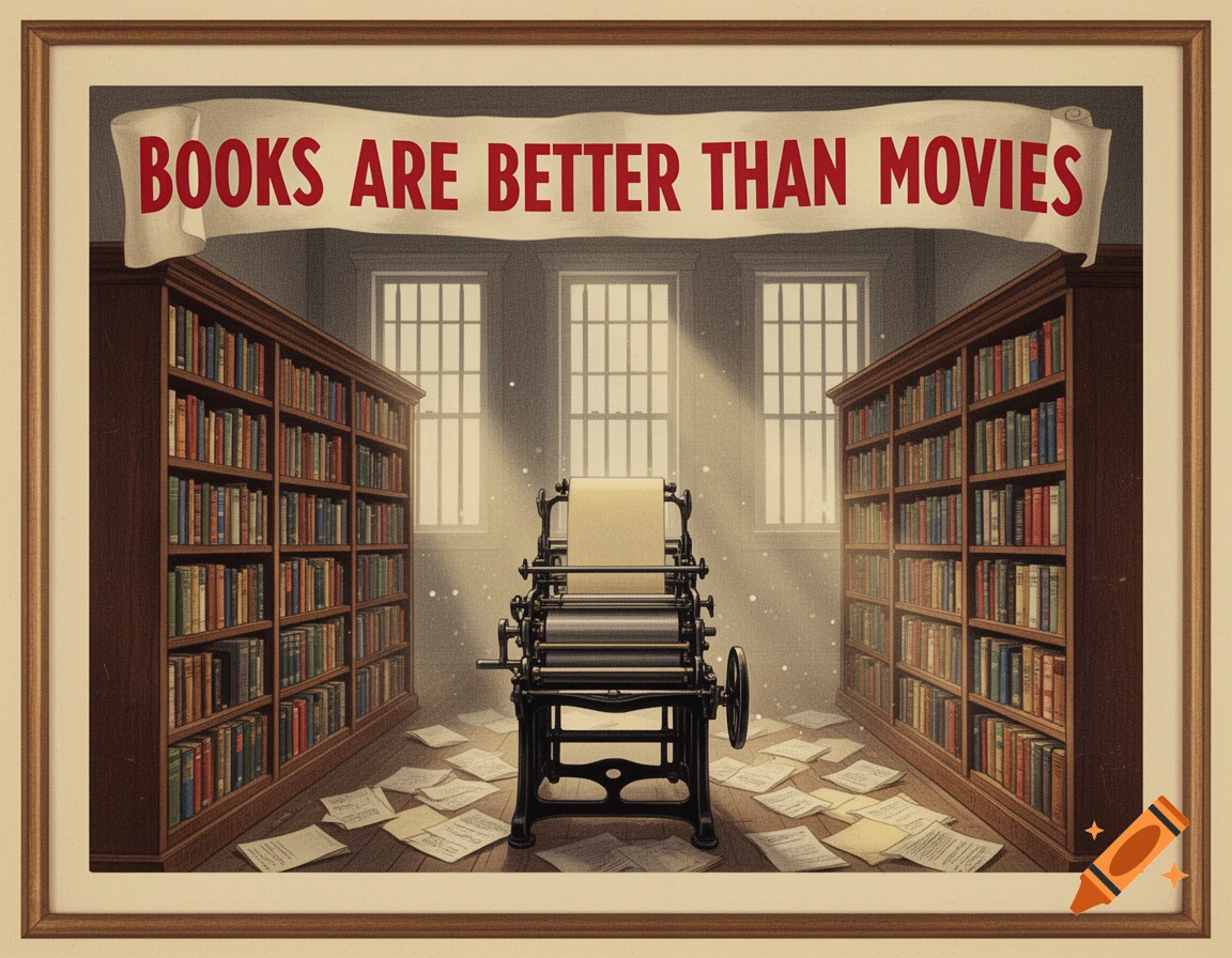 Vintage propaganda poster of a library with bookshelves, a printing press, and a banner reading "Books are better than movies".